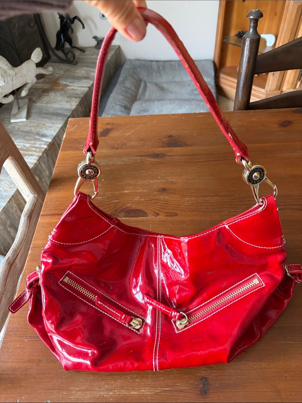 Dooney & Bourke Red Patent Shoulder Bag with Gold Hardware